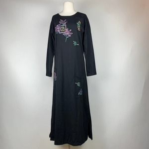 COVER CHARGE Vintage 90s Black Knit Maxi Dress Flower Long Sleeve Medium/Large